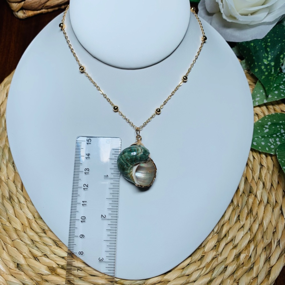 Beachy Green Conch Shell Necklace with Gold Painted Accents, 22”-23.5” - Picture 9 of 10